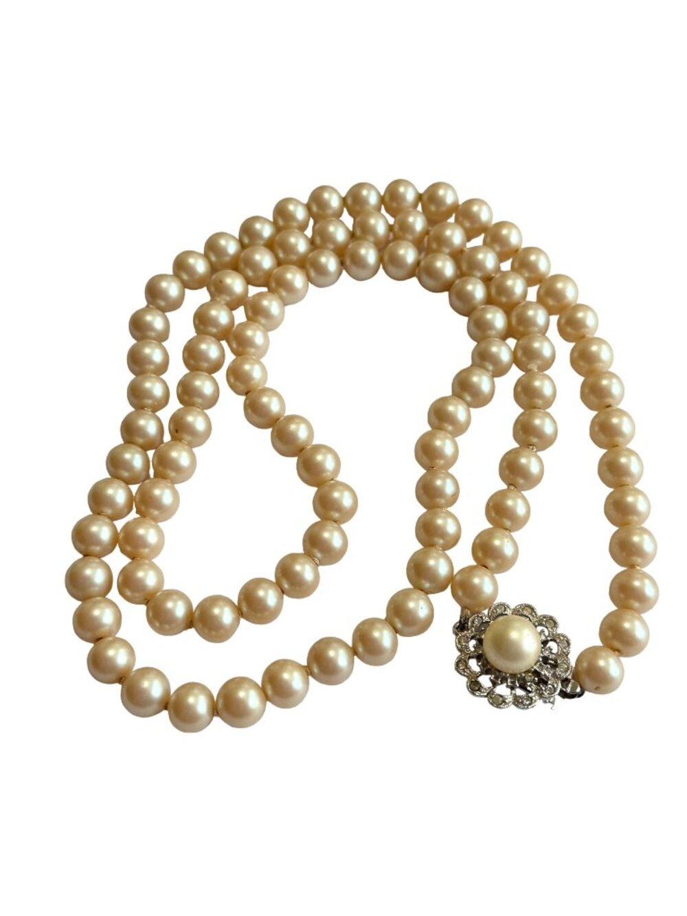29" Vintage Pearl Necklace Silver Tone